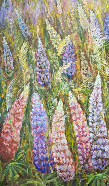 In the Evening After the Rain. Lupins original painting by Voldemaras Valius. Lithuanian Landscape Paintings