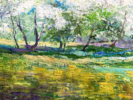 Blooming Gardens in Panemune original painting by Nijolė Grigonytė Lozovska. Lithuanian Landscape Paintings