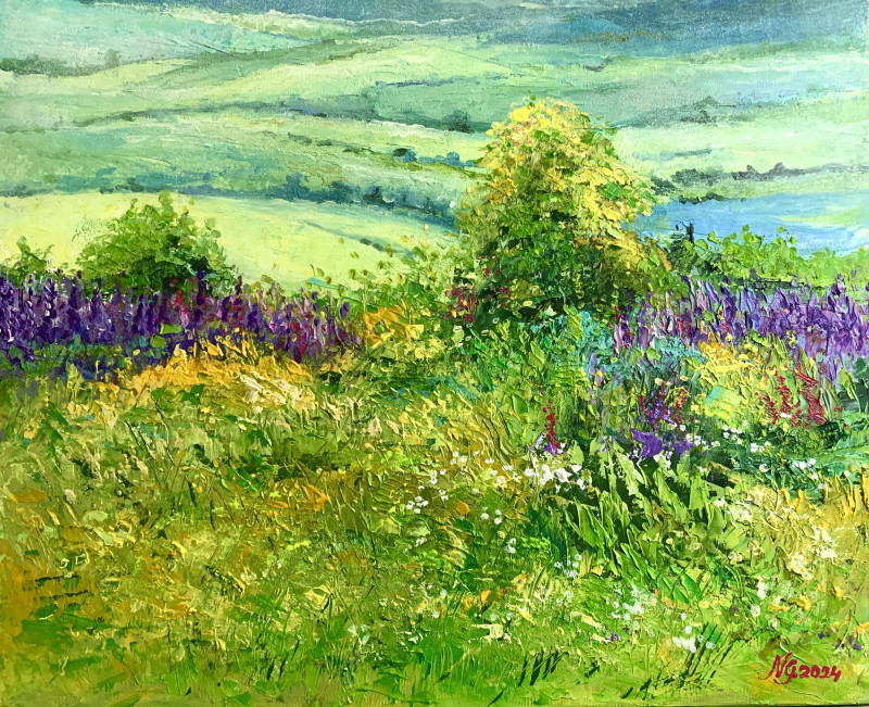 Veliuona Mound original painting by Nijolė Grigonytė Lozovska. Lithuanian Landscape Paintings