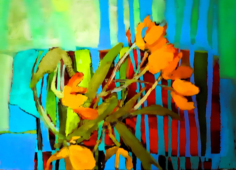 Striped original painting by Loreta Zdanavičienė. Flowers