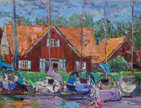 Minge Village original painting by Šarūnas Šarkauskas. Marine Art