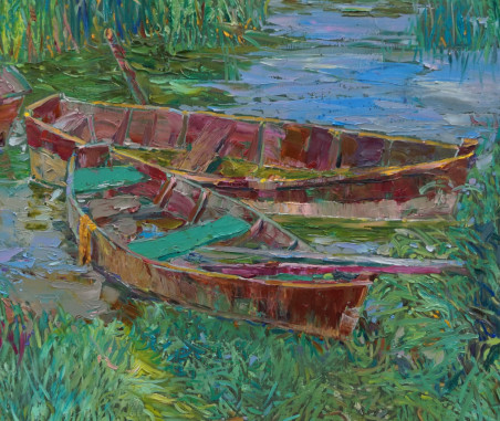 Boats in Nemunas, Birštonas original painting by Šarūnas Šarkauskas. Lithuanian Landscape Paintings