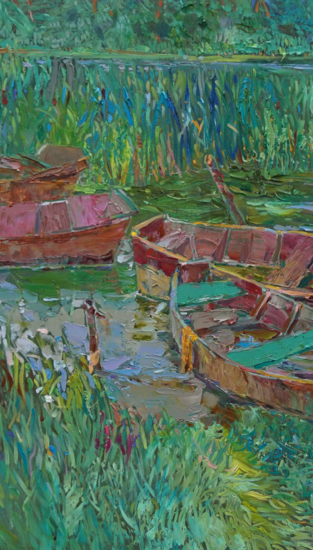 Boats in Nemunas, Birštonas original painting by Šarūnas Šarkauskas. Lithuanian Landscape Paintings