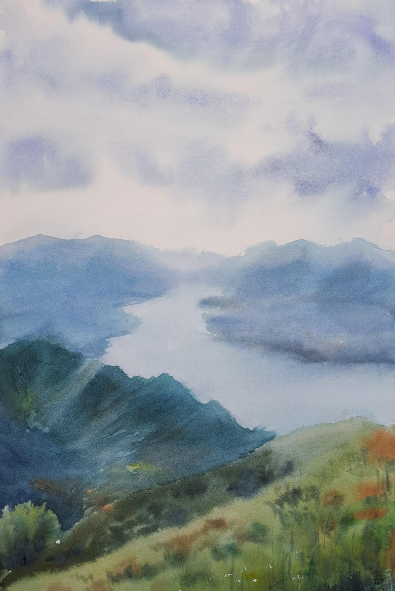 The view of Como lake original painting by Diana Timonina. Lithuanian Landscape Paintings