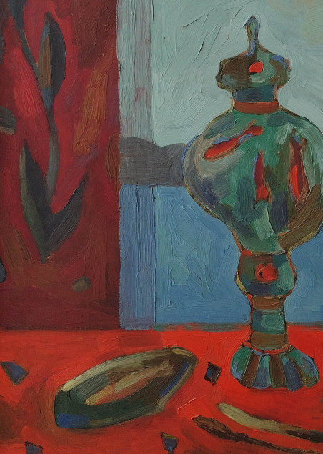 Red Tablecloth original painting by Simonas Gutauskas. Still-Life