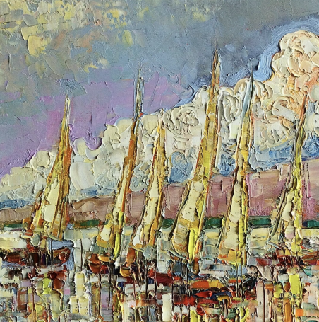 Golden sails in the lagoon original painting by Simonas Gutauskas. Lithuanian Landscape Paintings