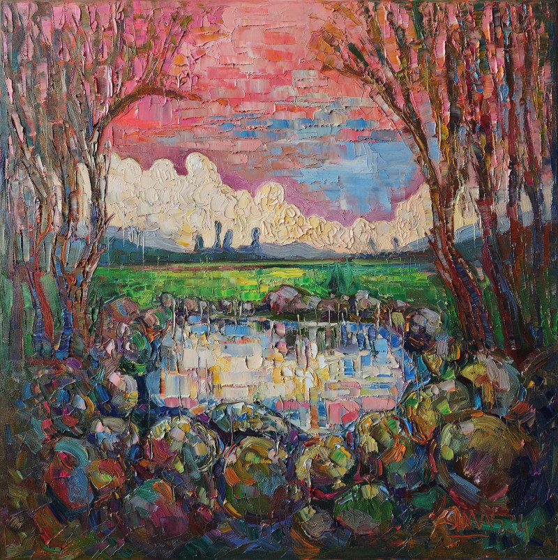 Stream between rocks original painting by Simonas Gutauskas. Lithuanian Landscape Paintings