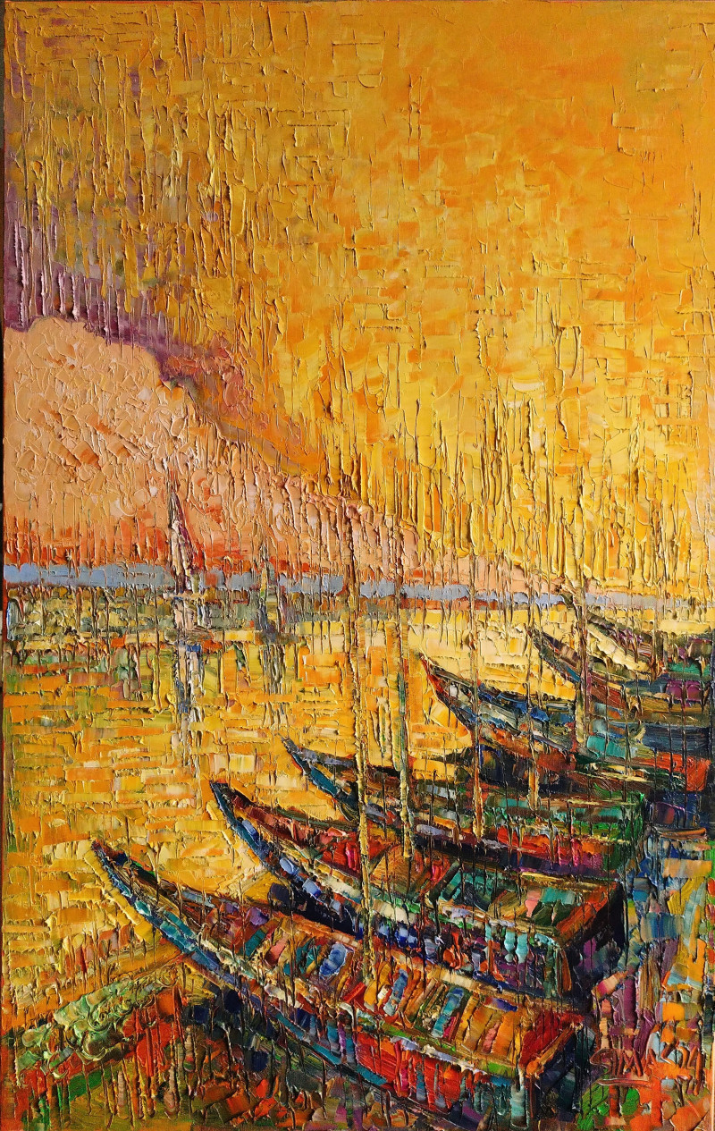 Boats at the yellow lake original painting by Simonas Gutauskas. Marine Art