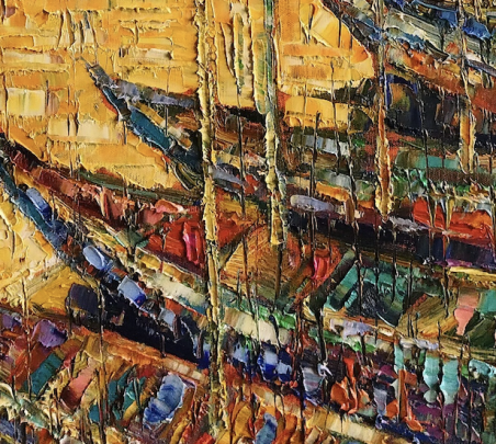 Boats at the yellow lake original painting by Simonas Gutauskas. Marine Art