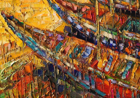 Boats at the yellow lake original painting by Simonas Gutauskas. Marine Art