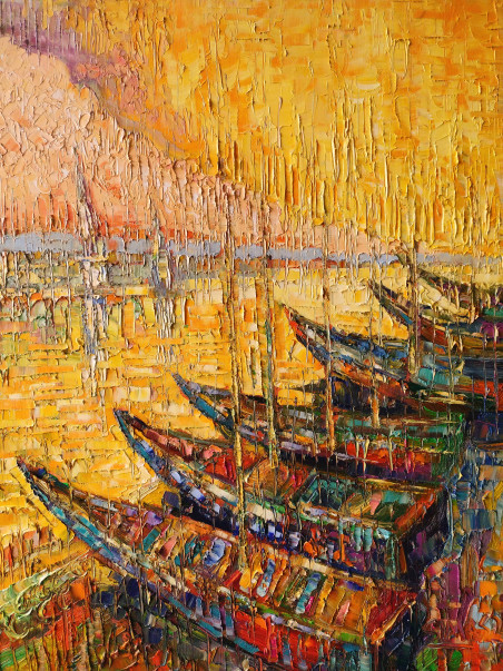 Boats at the yellow lake original painting by Simonas Gutauskas. Marine Art