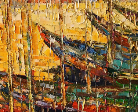 Boats at the yellow lake original painting by Simonas Gutauskas. Marine Art