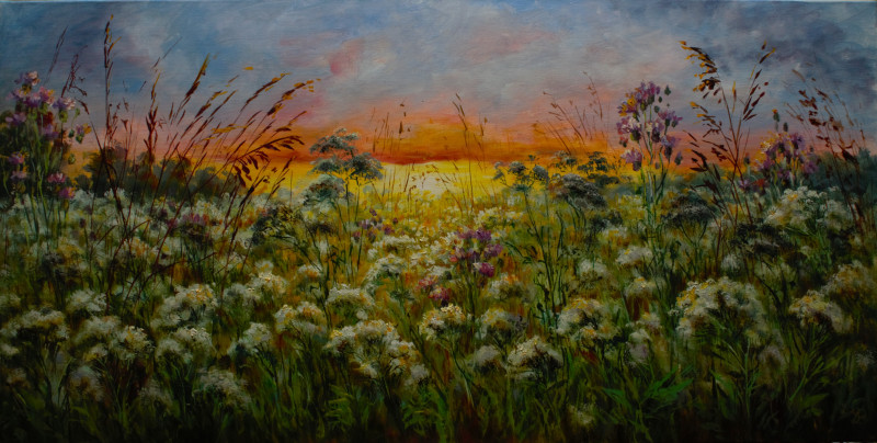 Meadow at the Evening original painting by Irma Pažimeckienė. Lithuanian Landscape Paintings