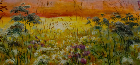 Meadow at the Evening original painting by Irma Pažimeckienė. Lithuanian Landscape Paintings