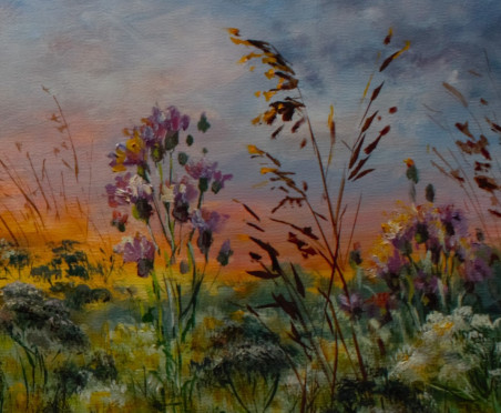 Meadow at the Evening original painting by Irma Pažimeckienė. Lithuanian Landscape Paintings