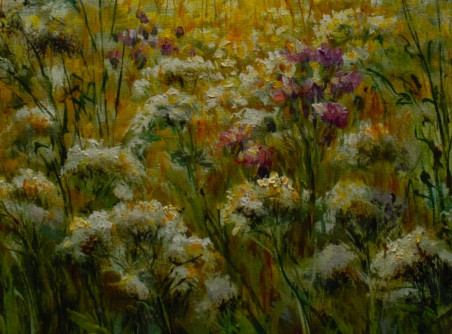 Meadow at the Evening original painting by Irma Pažimeckienė. Lithuanian Landscape Paintings