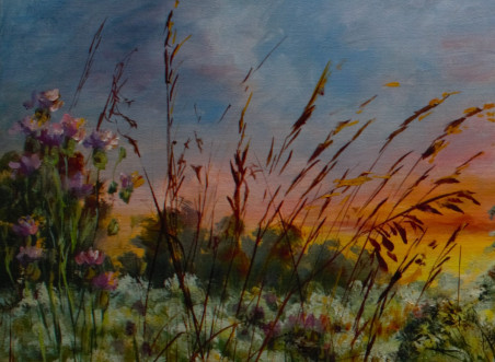 Meadow at the Evening original painting by Irma Pažimeckienė. Lithuanian Landscape Paintings