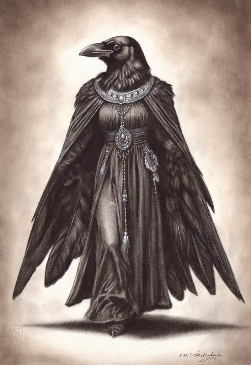 Elegance of The Crow Goddess original painting by Danguolė Šerstinskaja. Fantastic