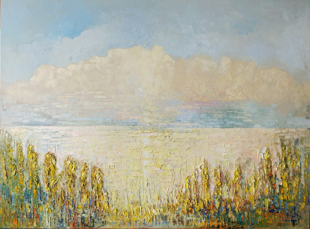 Golden Trees of the Lakeside original painting by Simonas Gutauskas. Marine Art