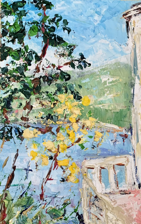 Terrace of the House original painting by Vilma Gataveckienė. Lithuanian Landscape Paintings