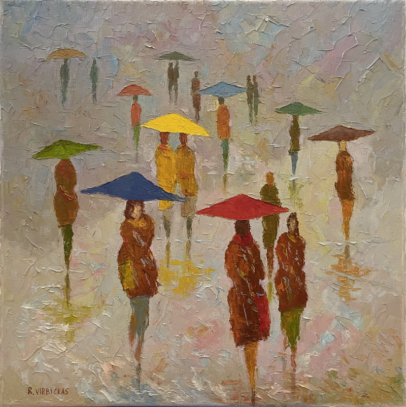 Autumn rain original painting by Rimantas Virbickas. Paintings With People