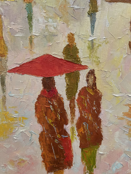 Autumn rain original painting by Rimantas Virbickas. Paintings With People