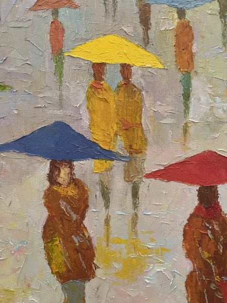 Autumn rain original painting by Rimantas Virbickas. Paintings With People