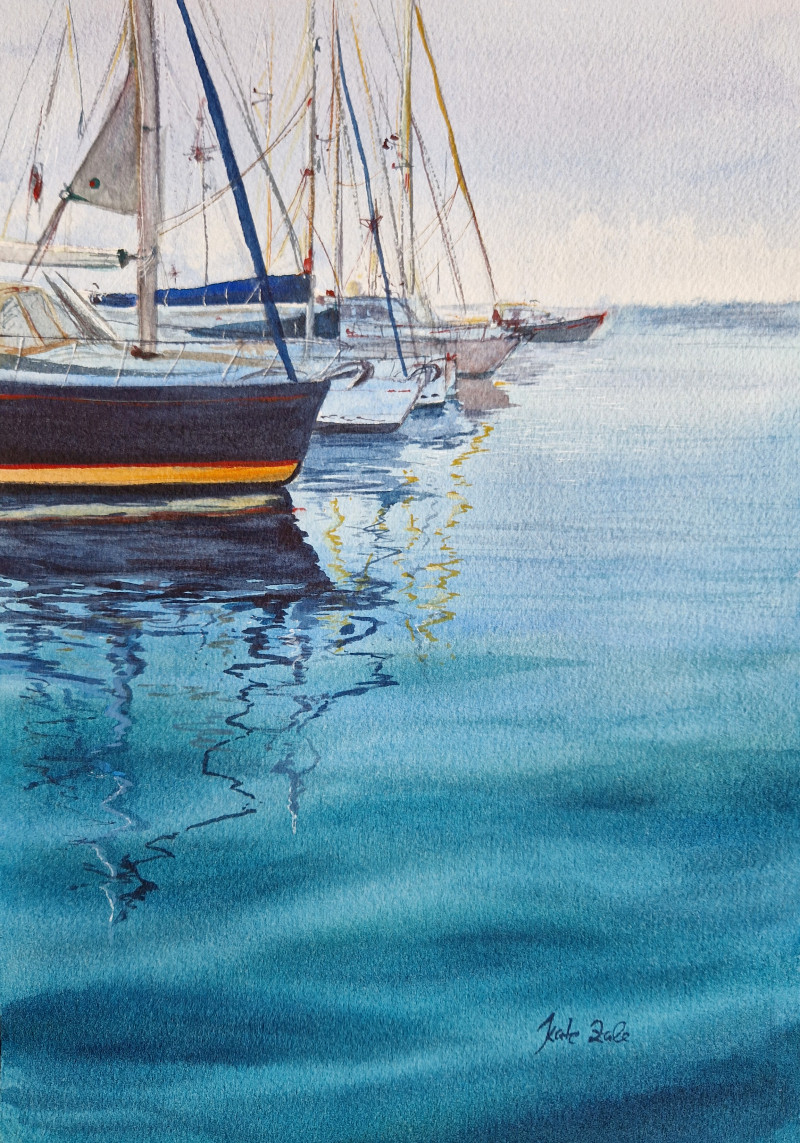 Morning at the Port original painting by Kate Zale. Marine Art