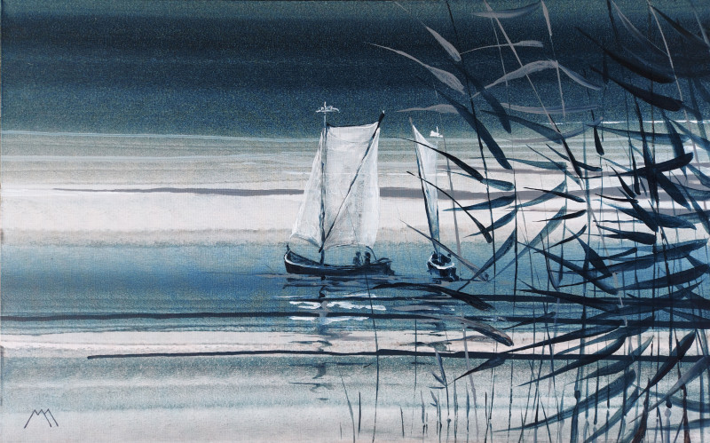 The Silence of the Curonian Lagoon original painting by Marius Morkūnas. Lithuanian Landscape Paintings