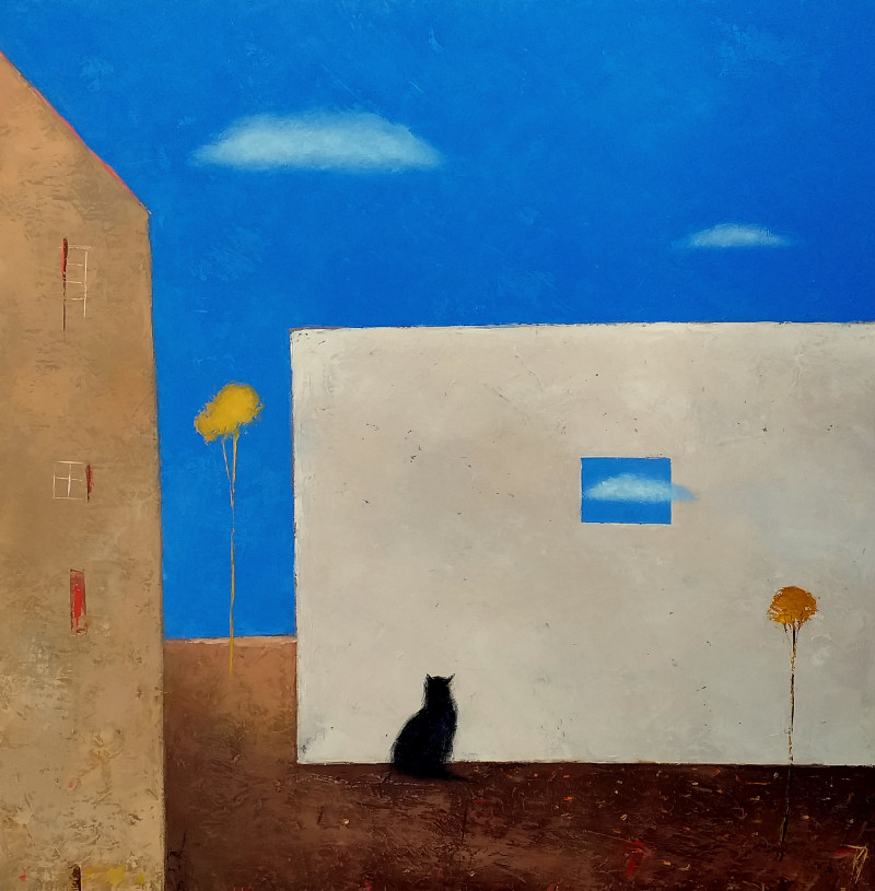 White Wall With Black Cat original painting by Kęstutis Jauniškis. Urbanistic - Cityscape