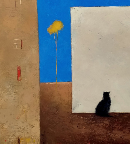 White Wall With Black Cat original painting by Kęstutis Jauniškis. Urbanistic - Cityscape