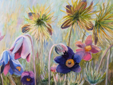 Pasqueflower original painting by Irena Jasiūnienė. Flowers