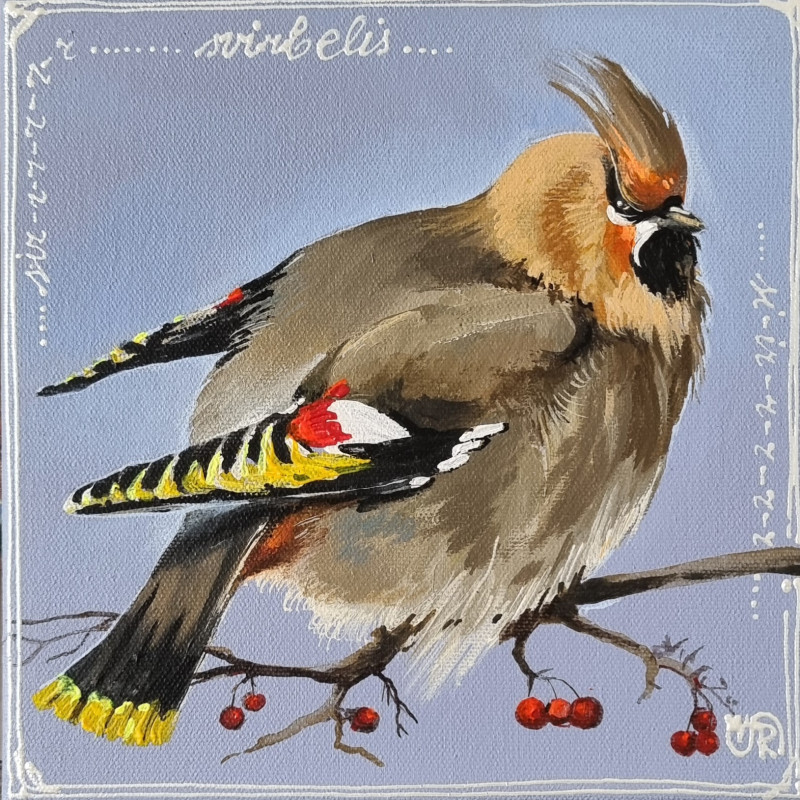 Waxwing original painting by Rasa Tamošiūnienė. Animalistic Paintings