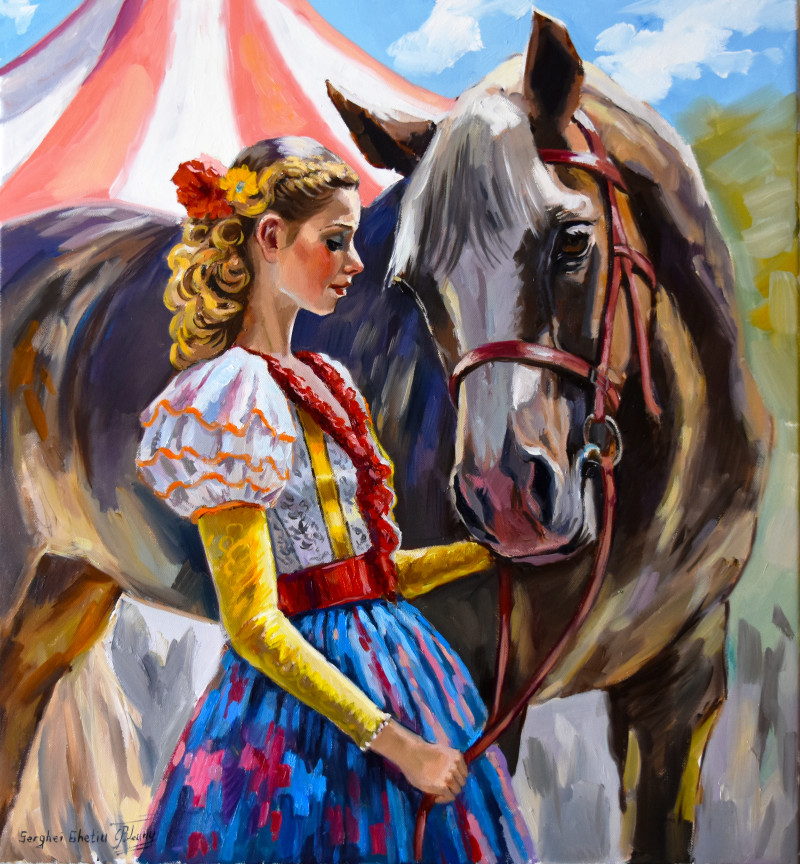 Circus Girl and Her Friend original painting by Serghei Ghetiu. Paintings With People