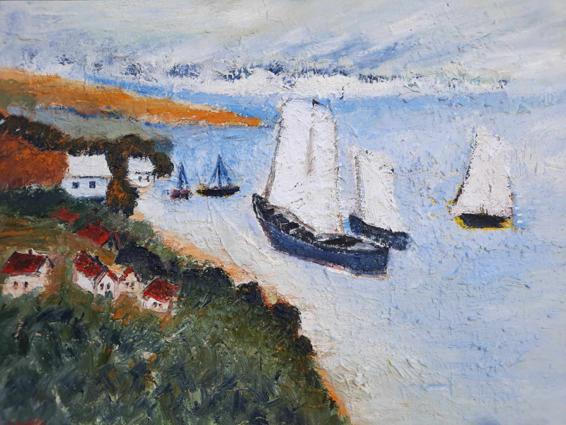 Sails in the Lagoon original painting by Gitas Markutis. Lithuanian Landscape Paintings