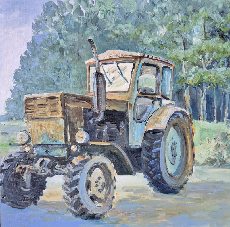 Tractor original painting by Diana Zviedrienė. Lithuanian Landscape Paintings