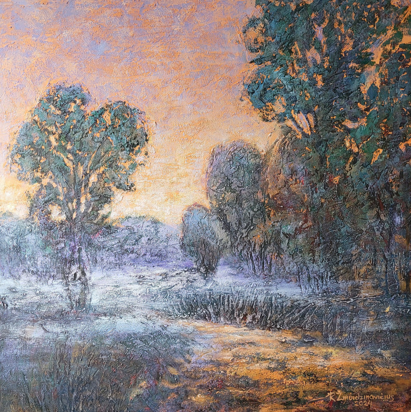 The First Fog original painting by Romas Žmuidzinavičius. Lithuanian Landscape Paintings