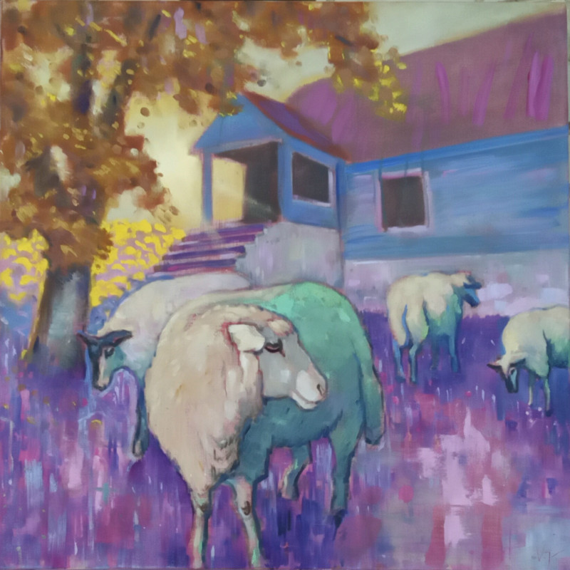 Autumn and Sheep original painting by Vidmantas Jažauskas. Lithuanian Landscape Paintings