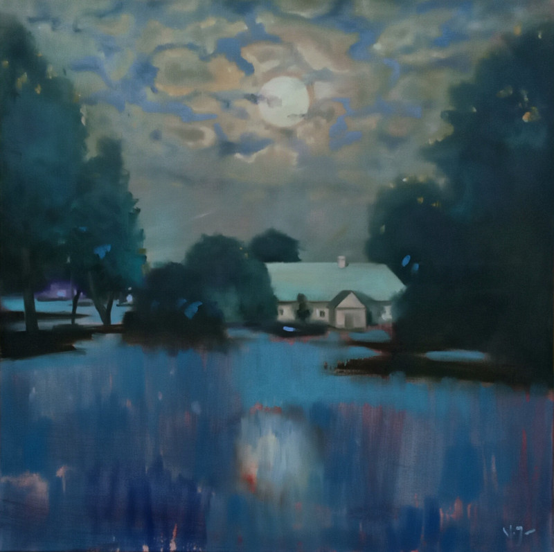 Full Moon original painting by Vidmantas Jažauskas. Lithuanian Landscape Paintings