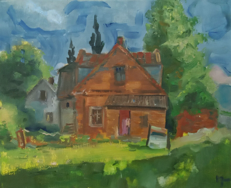 Red House in Žeimelis original painting by Vidmantas Jažauskas. Lithuanian Landscape Paintings