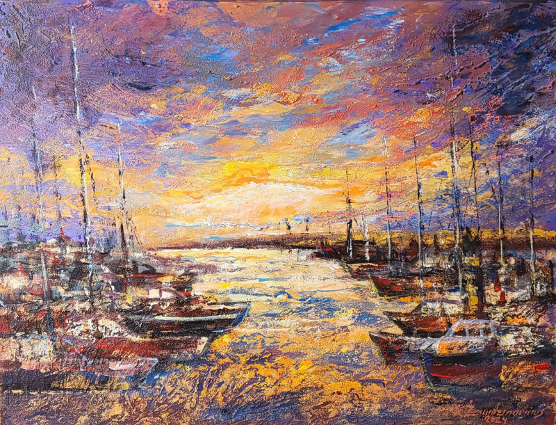 Morning at the Port original painting by Romas Žmuidzinavičius. Lithuanian Landscape Paintings