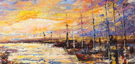 Morning at the Port original painting by Romas Žmuidzinavičius. Lithuanian Landscape Paintings