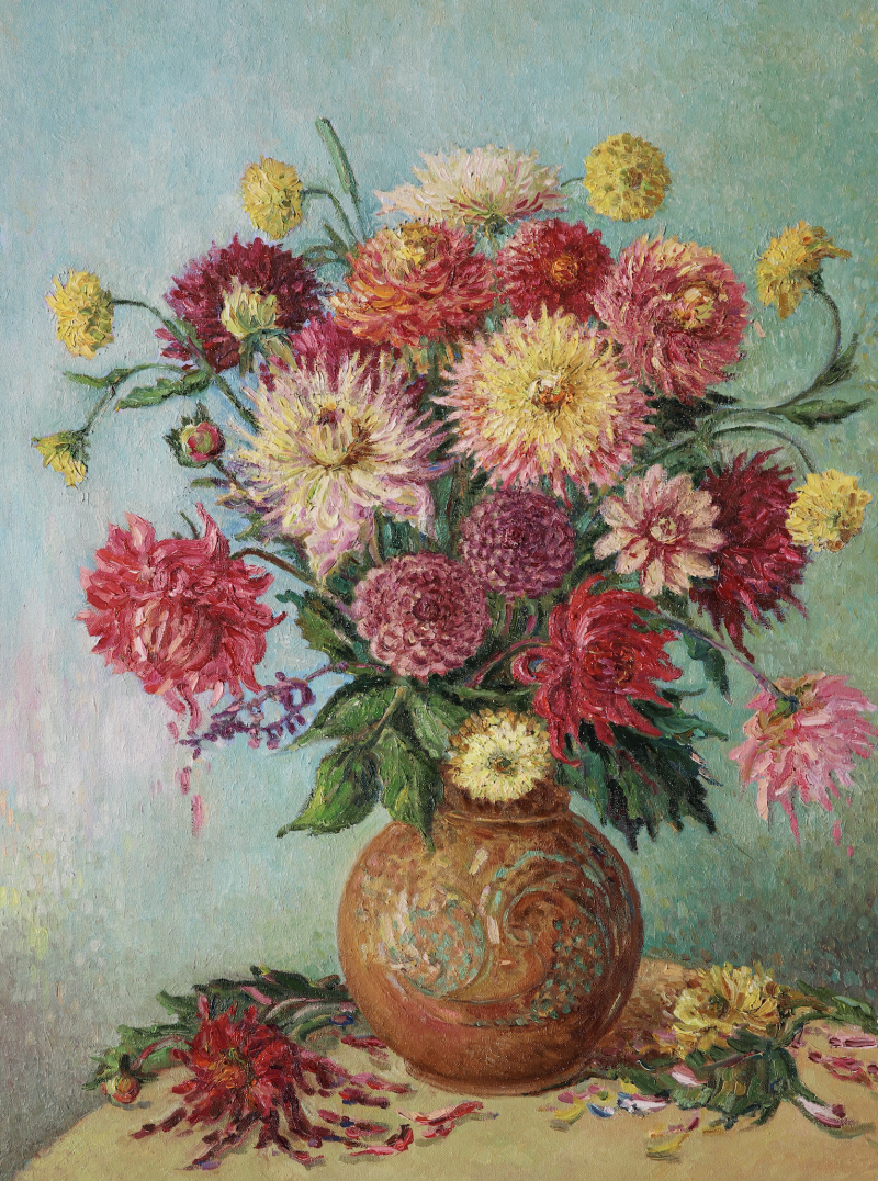 Dahlias in a Clay Pot original painting by Aleksandra Šimkutė Norbutienė. Flowers