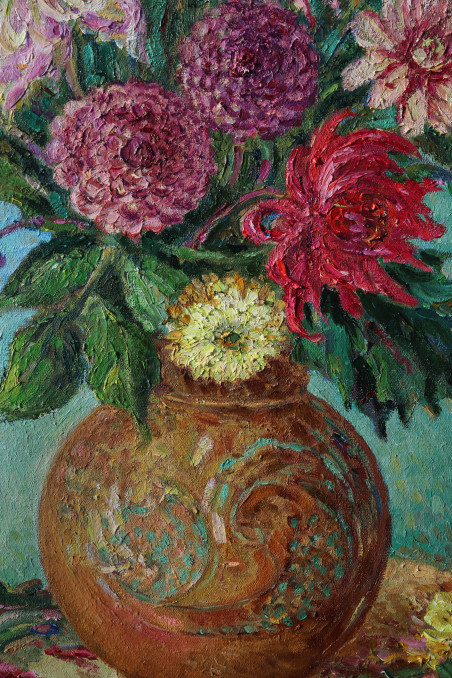 Dahlias in a Clay Pot original painting by Aleksandra Šimkutė Norbutienė. Flowers