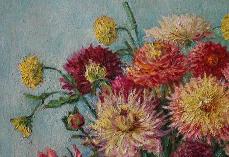 Dahlias in a Clay Pot original painting by Aleksandra Šimkutė Norbutienė. Flowers