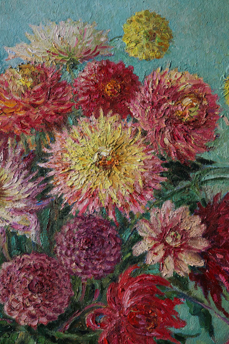 Dahlias in a Clay Pot original painting by Aleksandra Šimkutė Norbutienė. Flowers