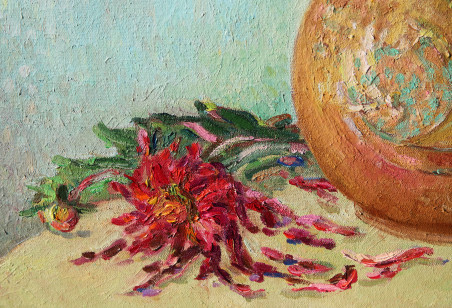 Dahlias in a Clay Pot original painting by Aleksandra Šimkutė Norbutienė. Flowers