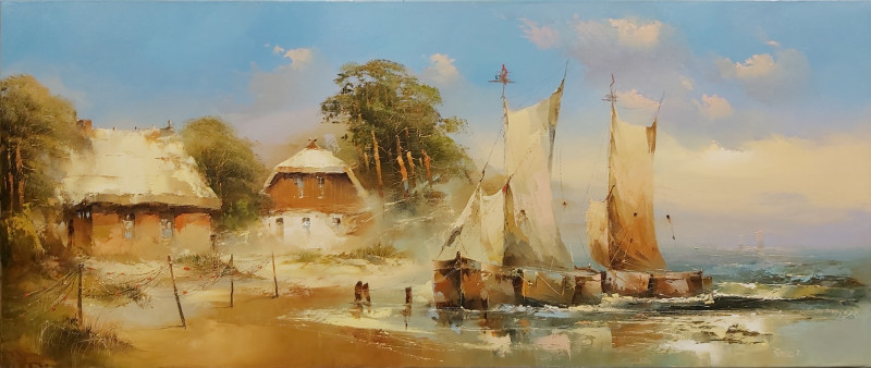 Fisherman's house original painting by Rimantas Grigaliūnas. Marine Art