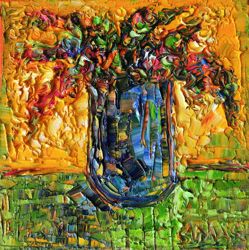 Flowers in a Blue Vase original painting by Simonas Gutauskas. Still-Life