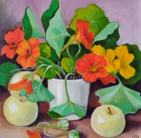 Nasturtiums With Apples original painting by Rima Rusinova. Flowers